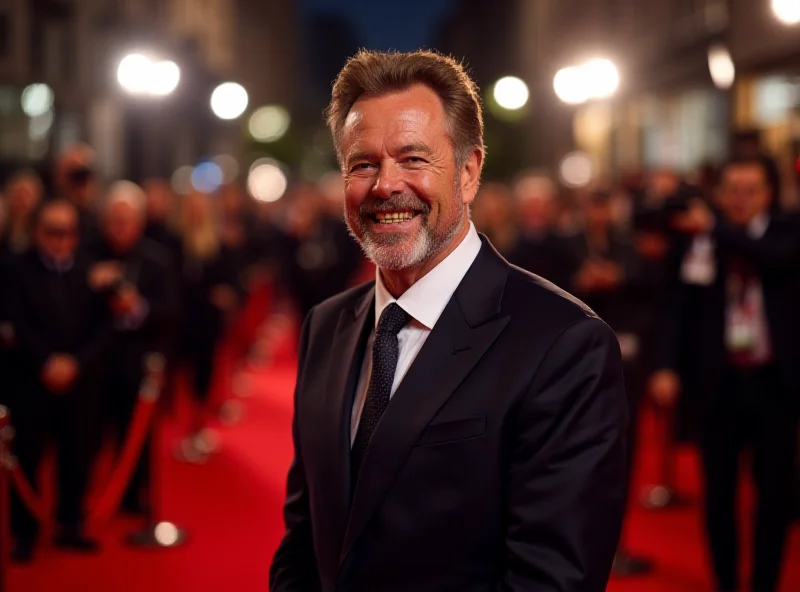 Mel Gibson smiling on a red carpet.