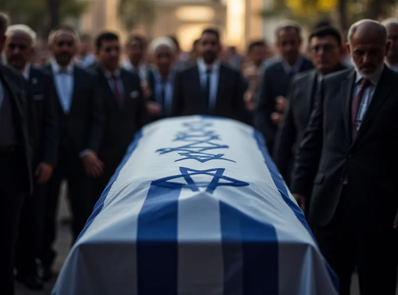 A solemn ceremony with a draped coffin representing the return of hostages, surrounded by grieving family members and Israeli flags.