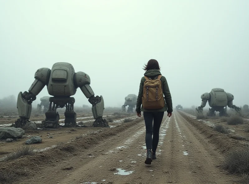 Millie Bobby Brown as Michelle in The Electric State, walking through a desolate landscape with a robot companion.