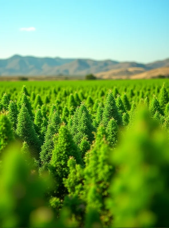 A lush, green cannabis field in the Rif region of Morocco, with farmers tending to the plants.
