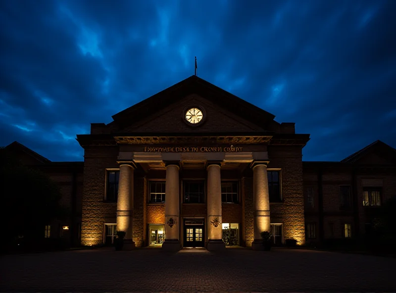 An illustration of Chester Crown Court at dusk, with a sense of legal drama.