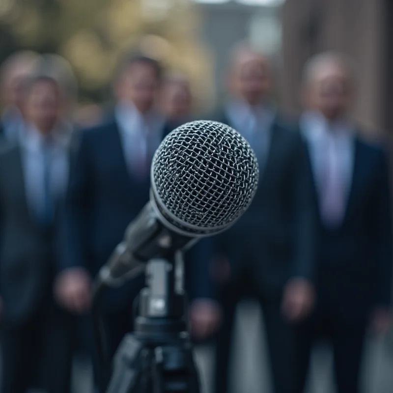 A close up image of a microphone on a stand, suggesting a press conference or public statement.