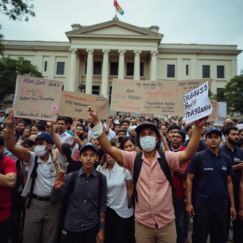 A protest in front of a government building, with signs demanding freedom and justice.