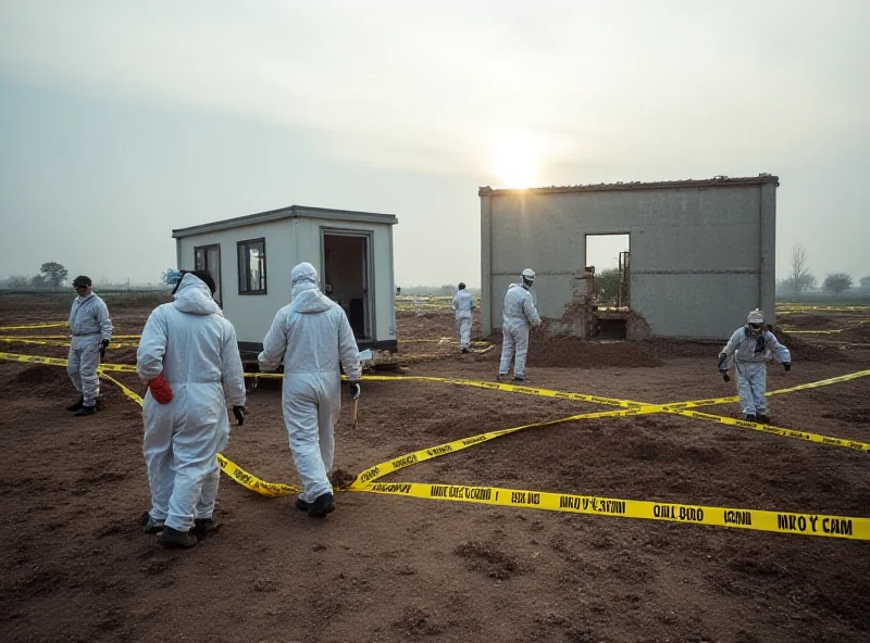 Illustration of a construction site at dawn with forensic investigators present.