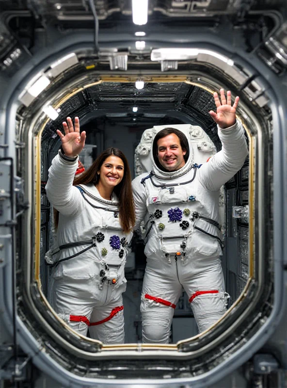 Astronauts Sunita Williams and Butch Wilmore inside the International Space Station, smiling and waving.