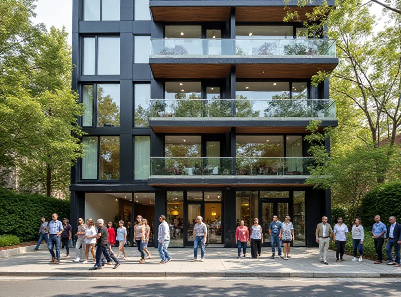 Modern apartment building with diverse group of people walking by.