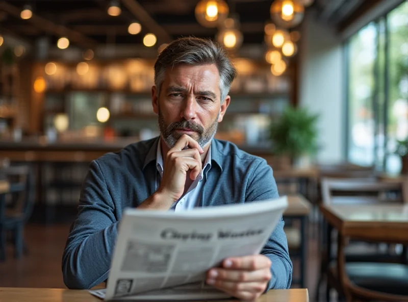 A person reading a newspaper or tablet with a thoughtful expression