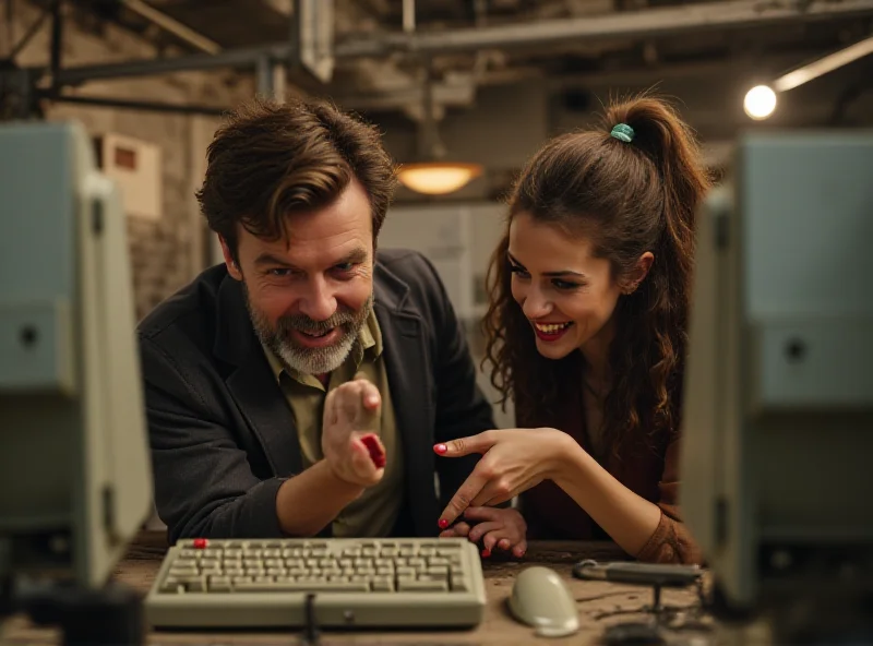 Millie Bobby Brown and Chris Pratt looking at a vintage computer