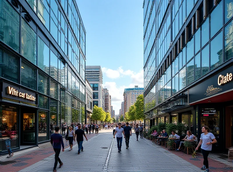 A vibrant street scene in the Boston Seaport district with modern buildings, people walking, and outdoor cafes.