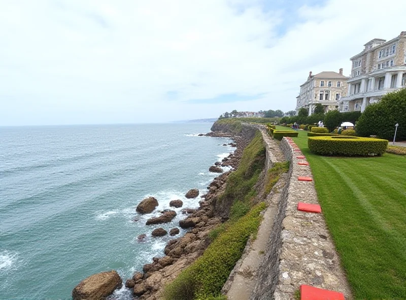 A panoramic view of the Cliff Walk in Newport, Rhode Island, with the ocean on one side and historic mansions on the other.