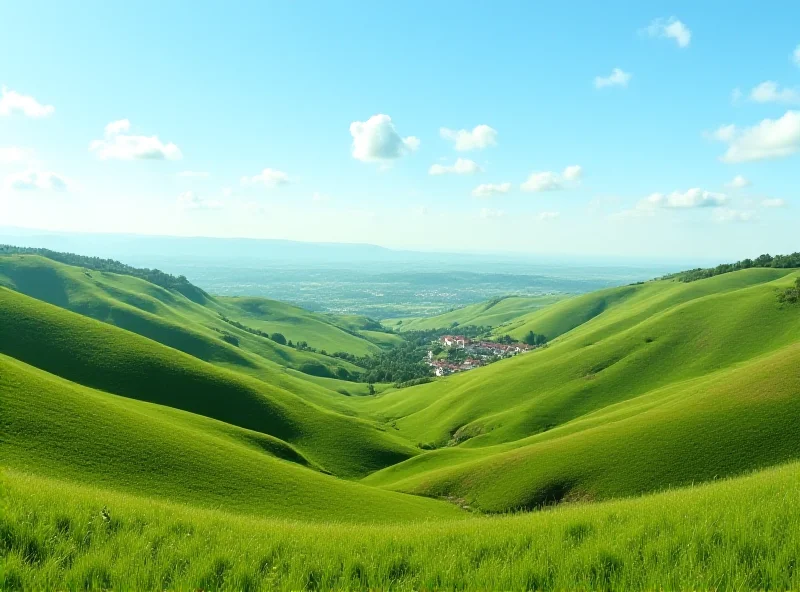 A rural Slovakian landscape with rolling hills and a small village in the distance.