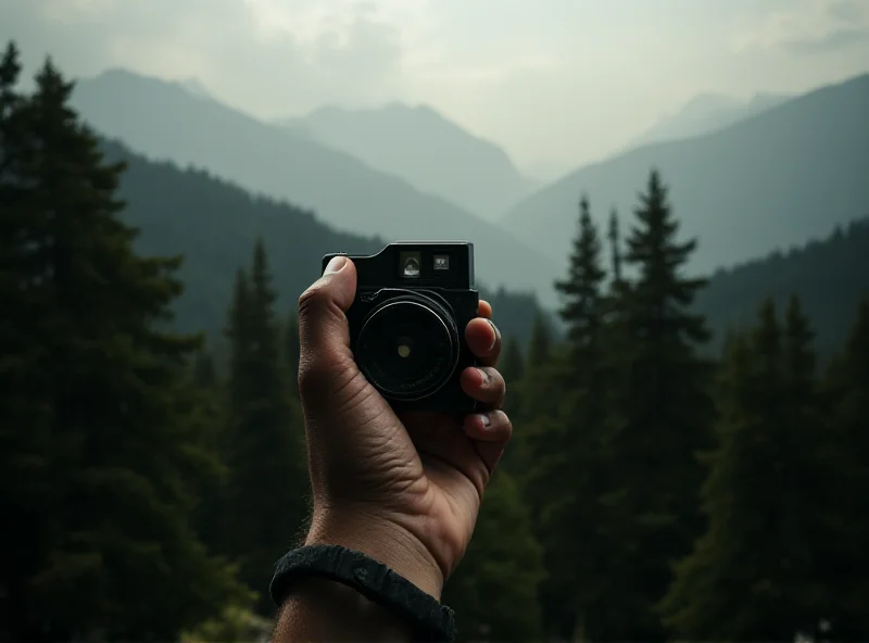 A person holding a vintage camera, pointed towards a scenic landscape with dramatic lighting.