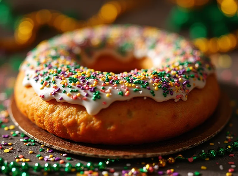 A beautifully decorated King Cake on a festive table.