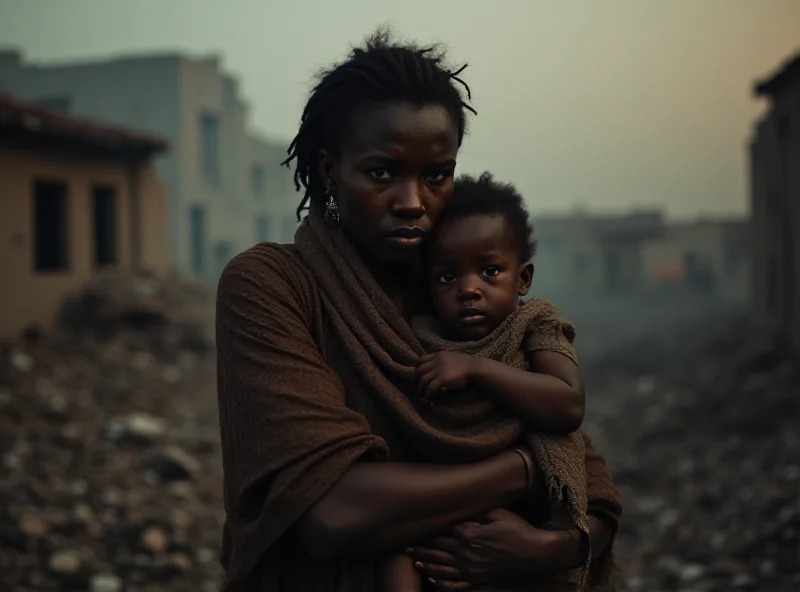 A distressed mother holding her child in a war-torn environment. Focus is on the despair and vulnerability of the subjects.