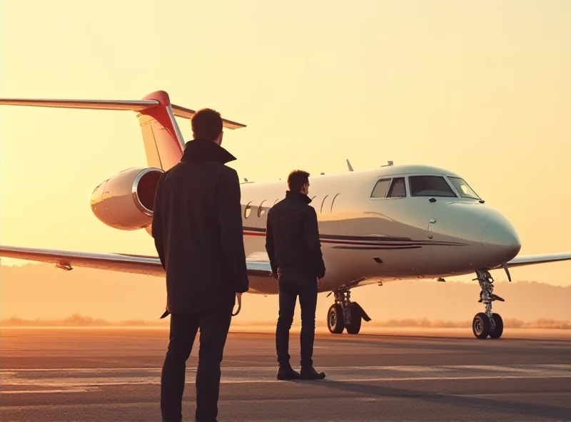 Illustration of Andrew Tate and Tristan Tate standing in front of a private jet on a Romanian airfield, looking away from the camera.