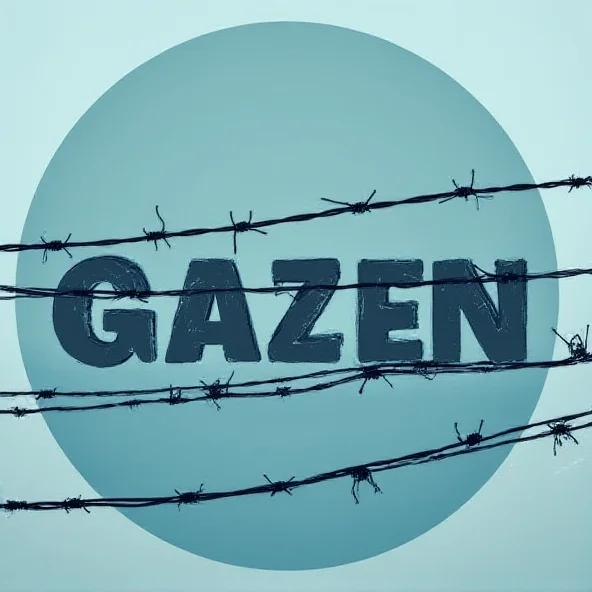 A stylized image representing a documentary film reel with the word GAZA superimposed on it, partially obscured by barbed wire.