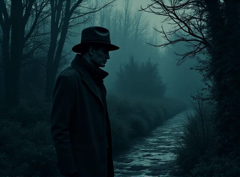 Illustration of a somber, reflective detective standing near a garden, contemplating a decades-old mystery