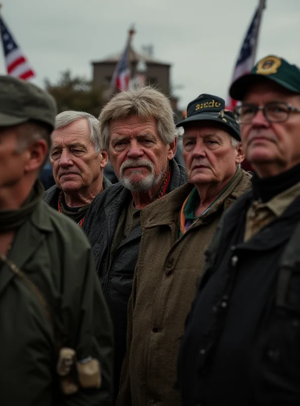 A group of diverse veterans standing together with concerned expressions.