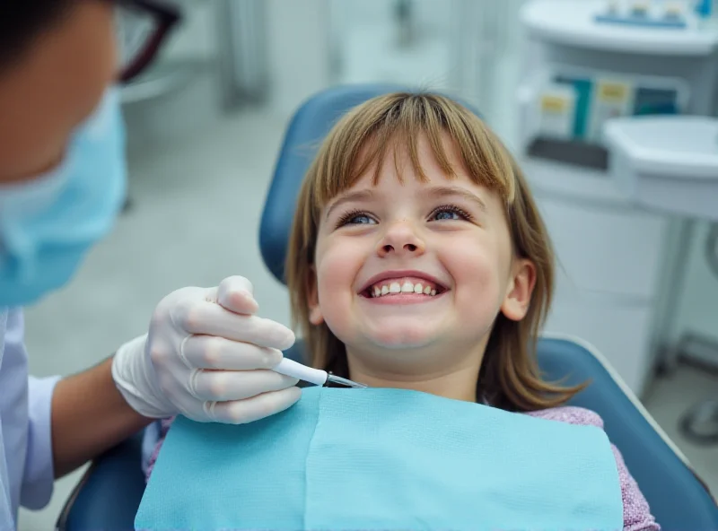 A young child smiling in a dentist chair, with a dentist checking their teeth.