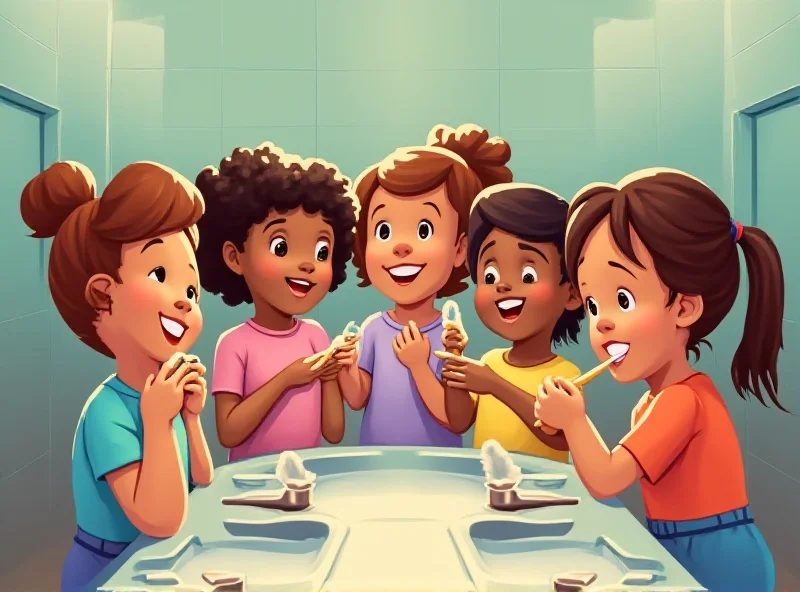 A group of young children in a school setting, participating in a supervised toothbrushing activity.