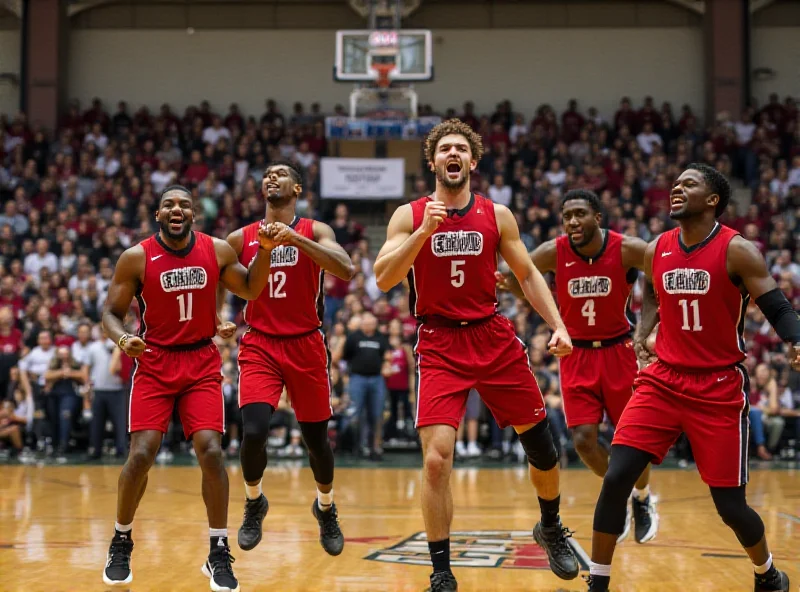 Oakland Tech players celebrating a basketball victory.