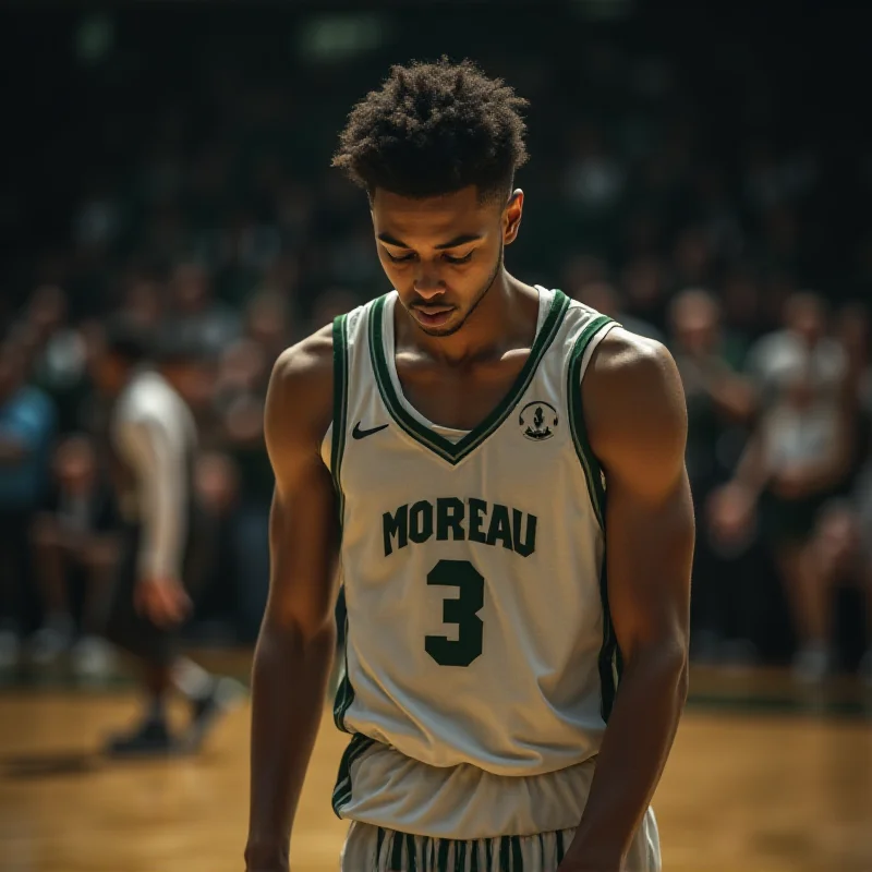 A disappointed basketball player from Moreau walking off the court after a loss.