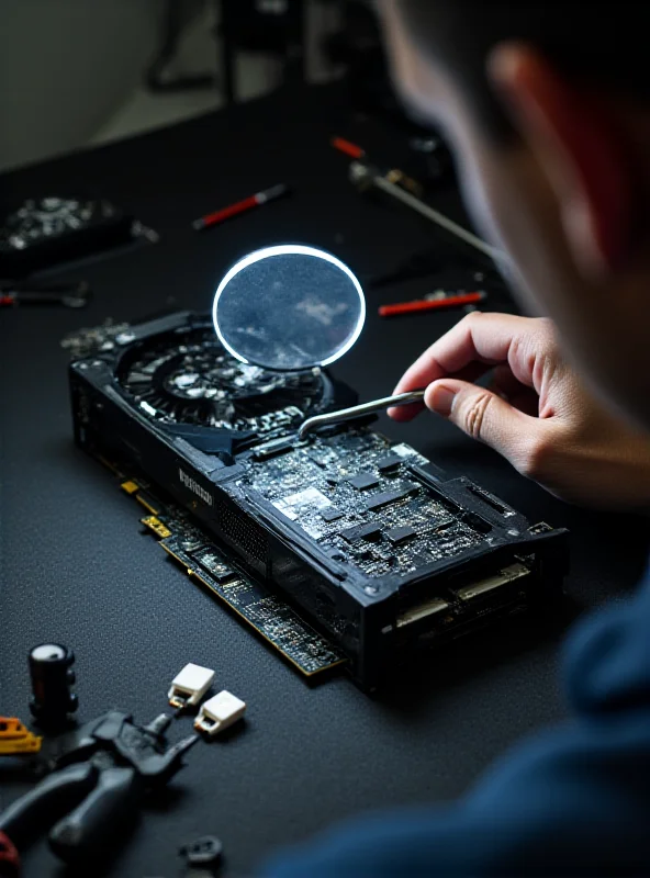 A person carefully inspecting the components of a new RTX 50 series graphics card with a magnifying glass.