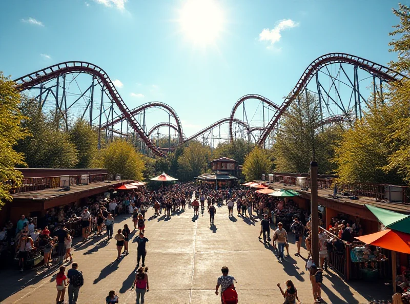 A wide shot of Oakwood Theme Park showing multiple rollercoasters and attractions on a sunny day.