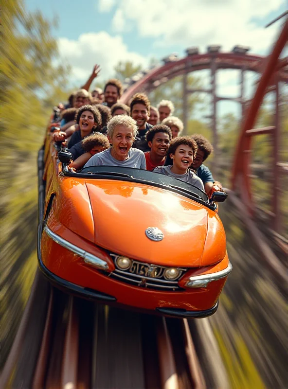 A close-up photo of a rollercoaster car speeding along a track at Oakwood Theme Park, with blurred scenery in the background.