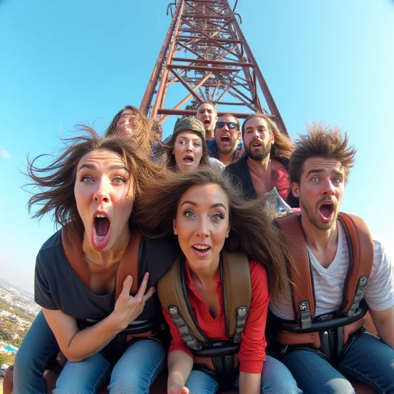 A group of people with expressions of excitement and fear riding a drop tower ride at Oakwood Theme Park.