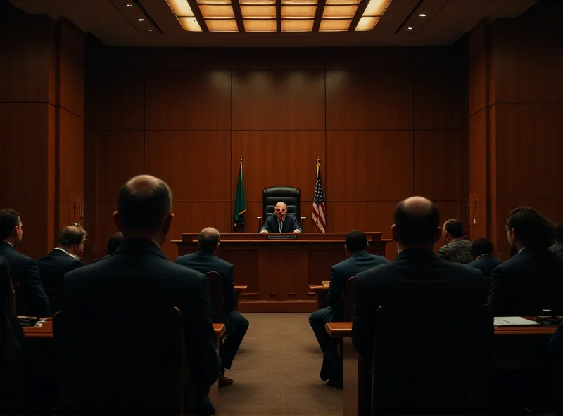 Interior of a courtroom with a witness on the stand