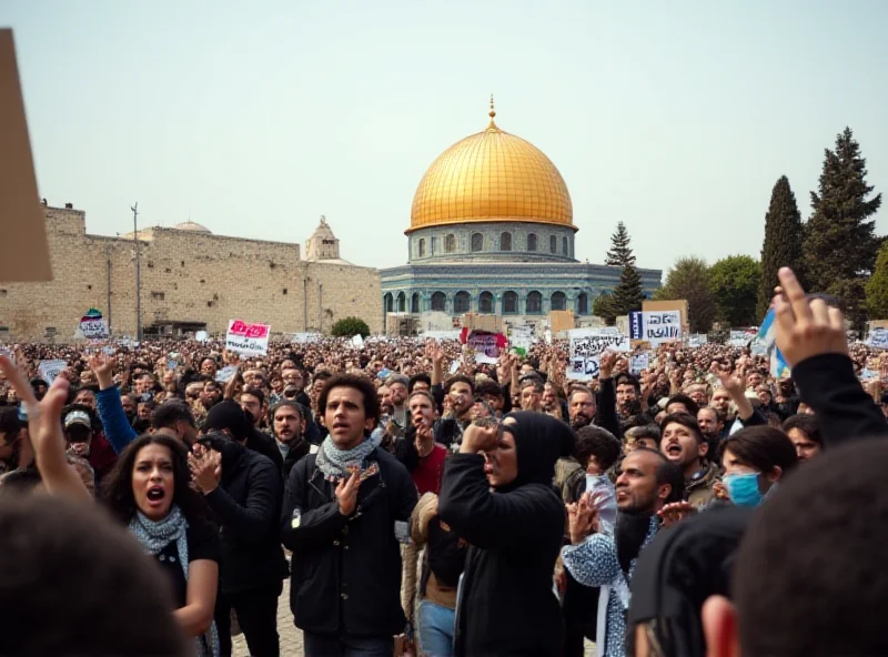 A crowded protest with signs and banners advocating for Palestinian rights, with the Dome of the Rock visible in the background.