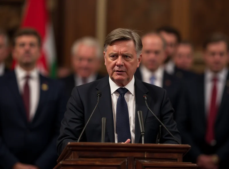 Viktor Orbán addressing a crowd, speaking at a podium with microphones, Hungarian flag in the background