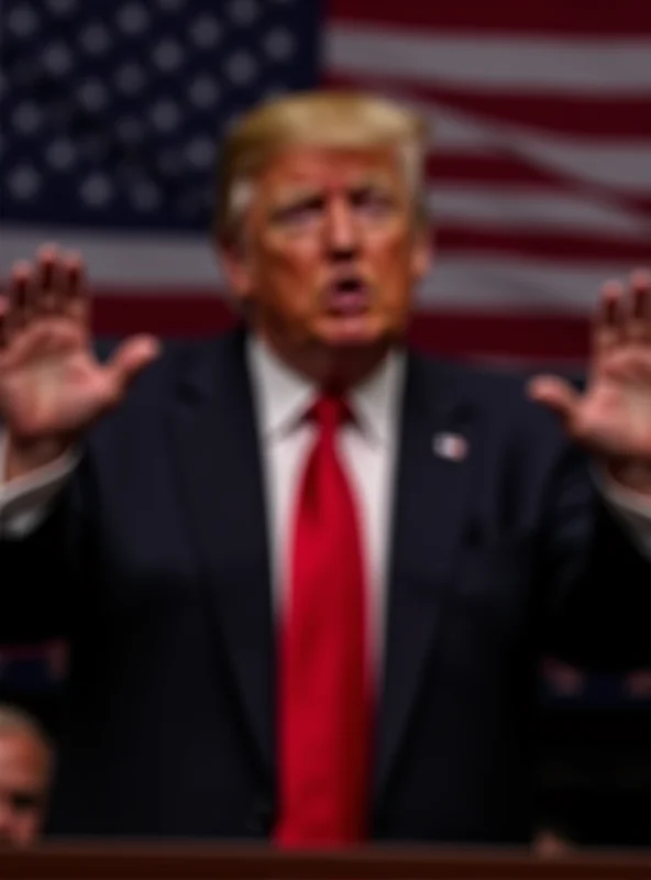 Donald Trump standing at a podium, gesturing with his hands, serious expression