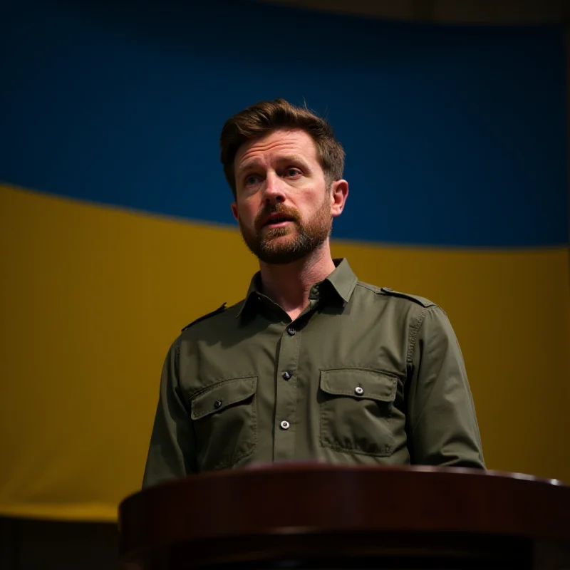 Volodymyr Zelensky giving a speech, standing at a podium, Ukrainian flag behind him
