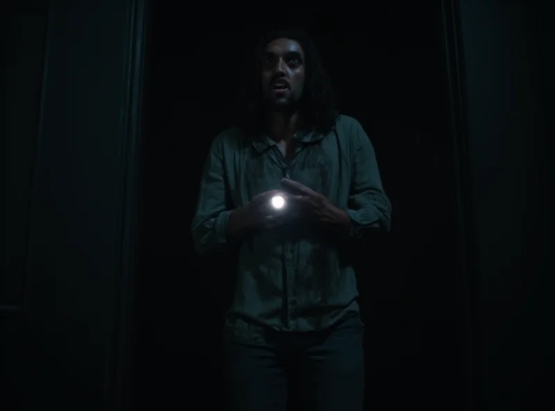 A spooky scene from a horror movie, with a character named David looking terrified, holding a flashlight.