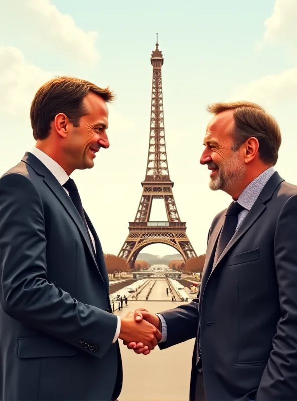 Illustration of Macron and Merz shaking hands in front of the Eiffel Tower, symbolizing German-French friendship.