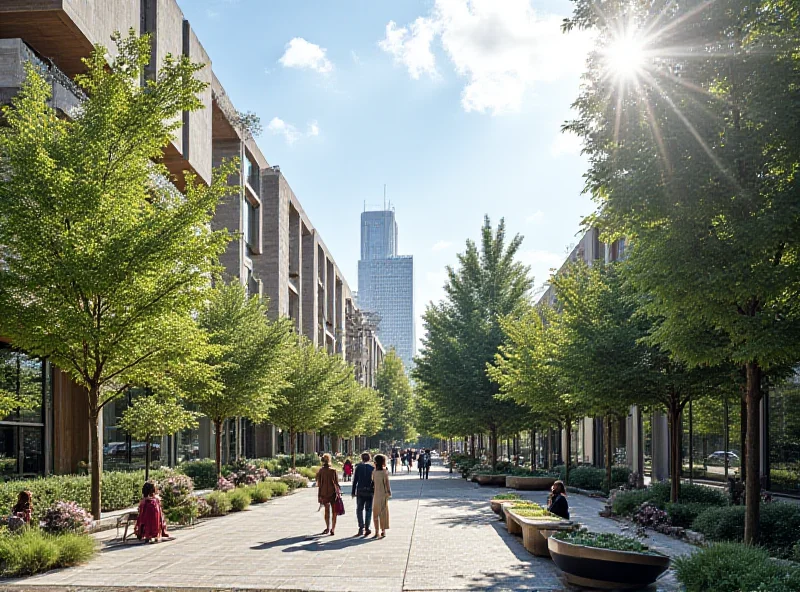 A modern cityscape of Saint-Denis, showcasing new buildings and public spaces, with a focus on the urban renewal efforts.