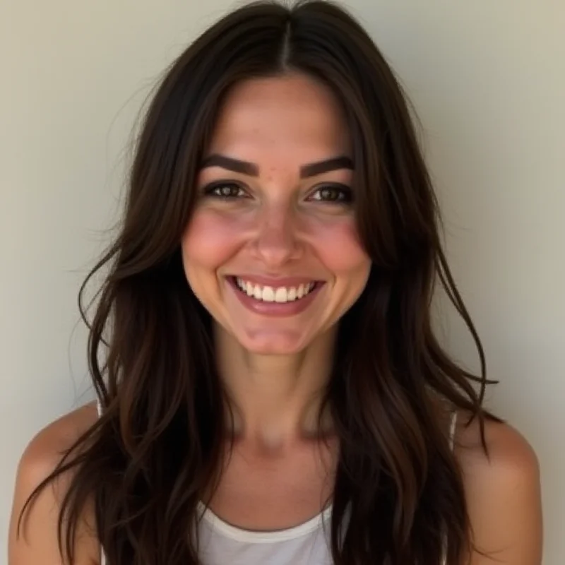 Marina Gold smiling and posing for a photo. She has long dark hair and is wearing casual clothing.