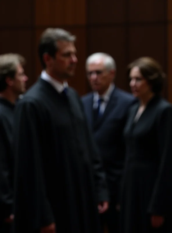 A somber courtroom scene with lawyers and judges