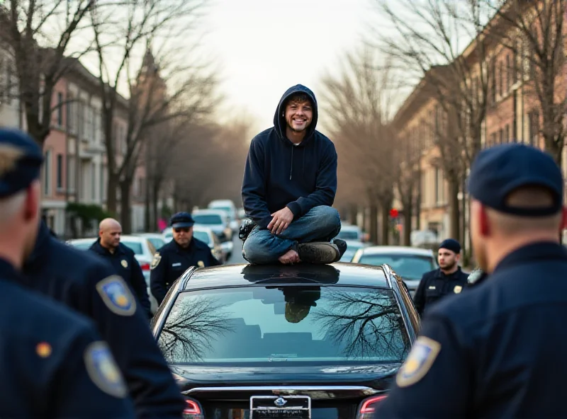 A young man standing on the roof of a car in a residential street, surrounded by police officers.