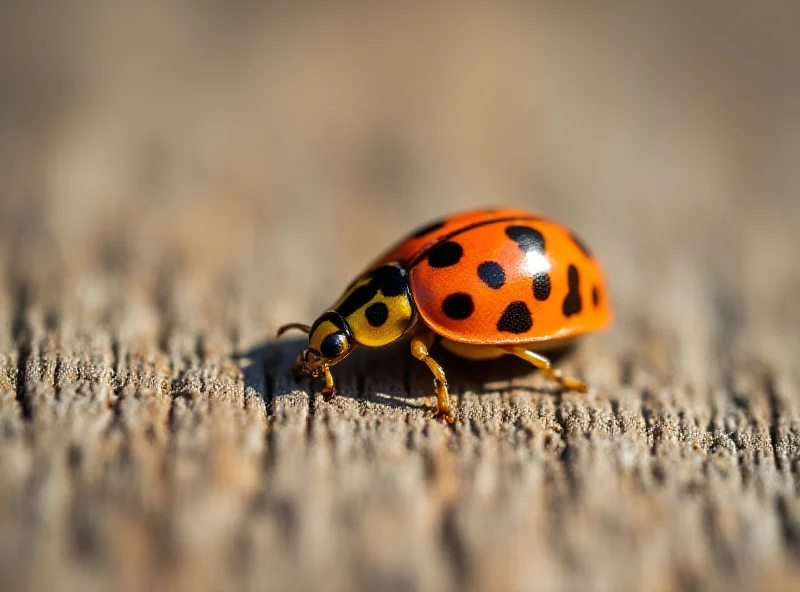Close-up of an Asian ladybug on a wooden surface.
