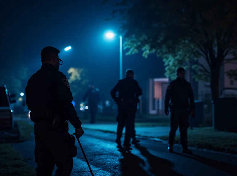 Police officers investigating a crime scene at night, with forensic lights illuminating the area. The atmosphere is tense and serious.