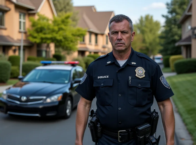 Police officer standing near a patrol car in a residential area, looking concerned.
