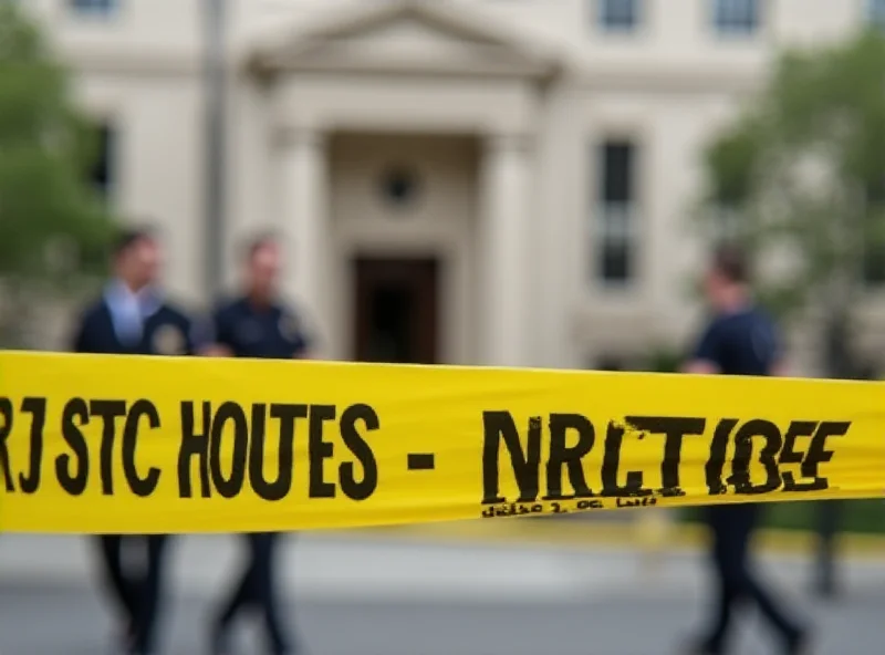 Police tape cordoning off an area outside a courthouse, with blurred figures of investigators in the background.