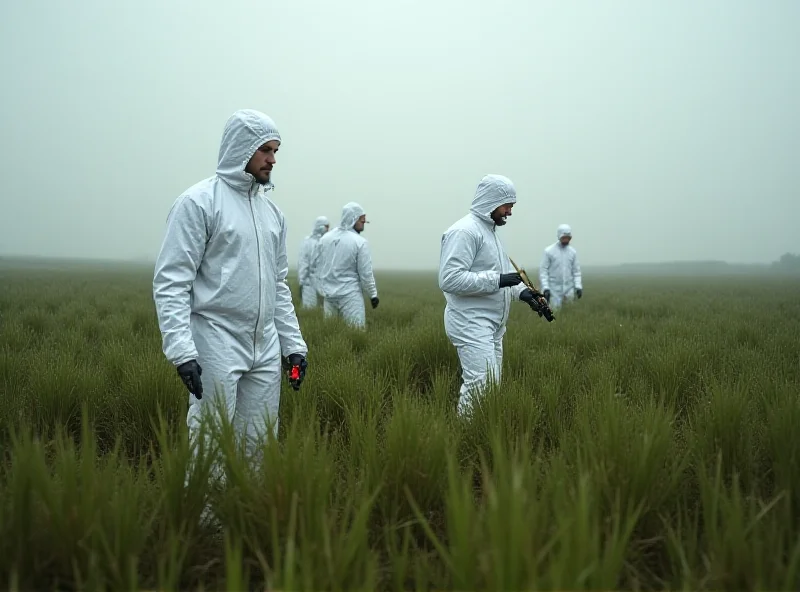 A forensic team working in a field with tall grass, searching for evidence with meticulous care.