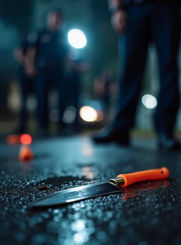 A police officer examining a knife at a crime scene, evidence markers nearby.
