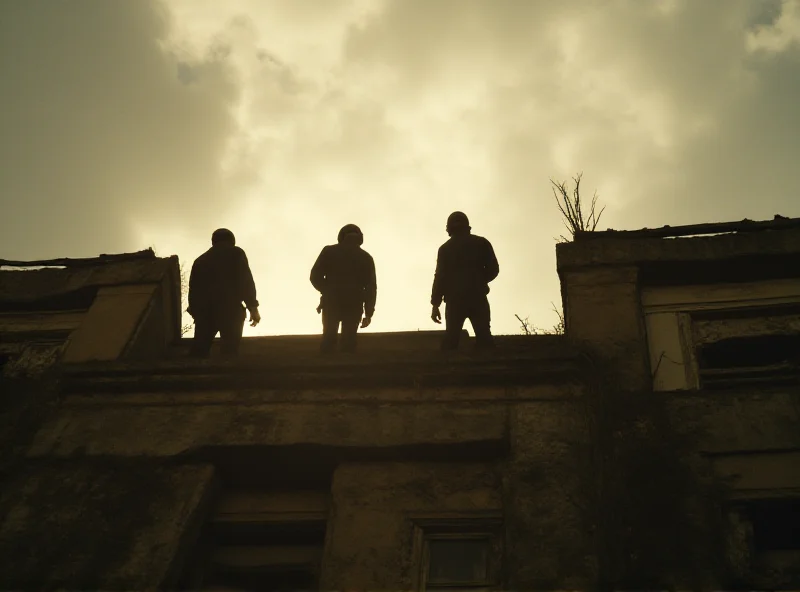Two teenage girls standing on the edge of a rooftop, police officers looking up from the street below, dramatic lighting.