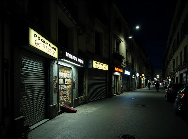 A row of closed night grocery stores in Marseille, France, with police tape across the entrances, a somber atmosphere.