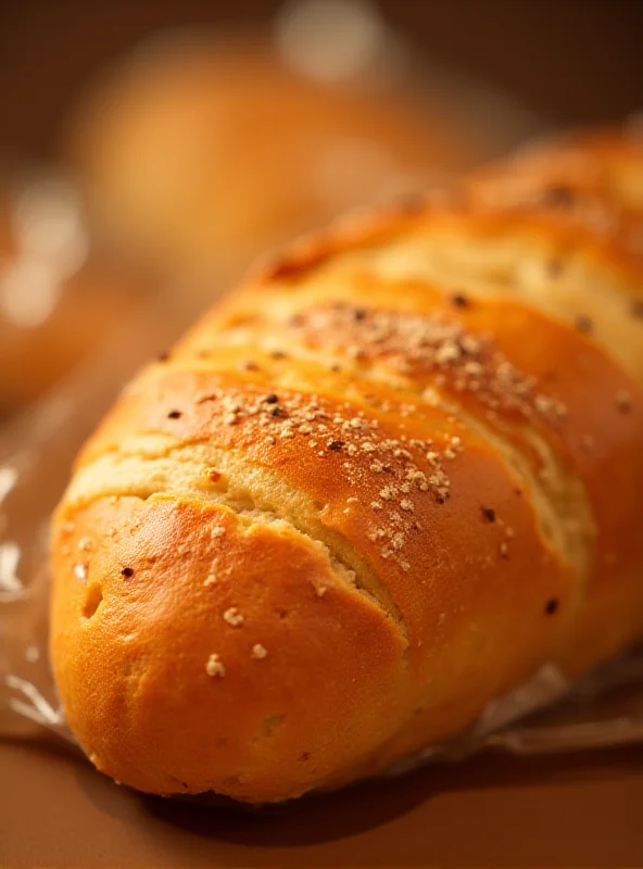 Close-up of a freshly baked baguette with a tax label on its packaging.